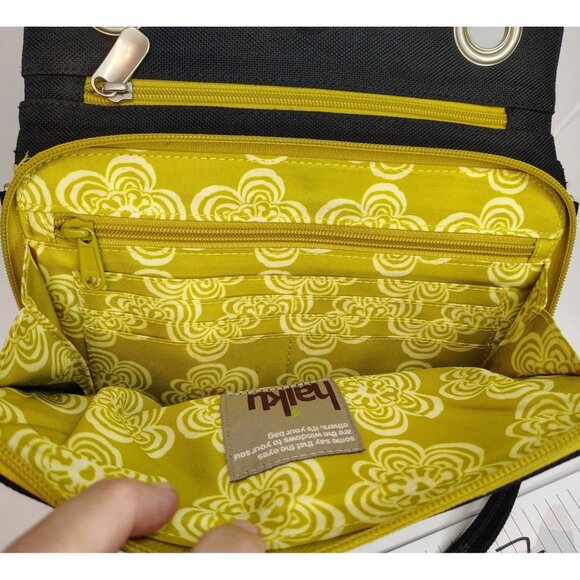 Haiku Large Wristlet Bag, Black, Embroidered Flower, Green Lining, Eco-Friendly - Picture 4 of 6